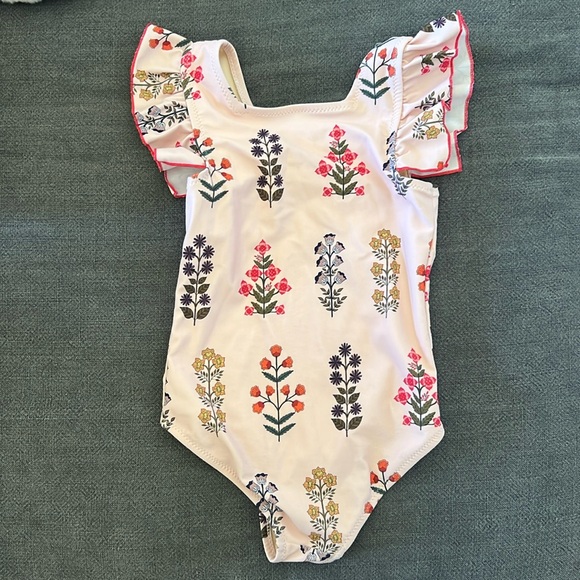 Pink Chicken Floral Kids Swim One Piece - Cream, Pink, Orange, Yellow - Picture 1 of 5